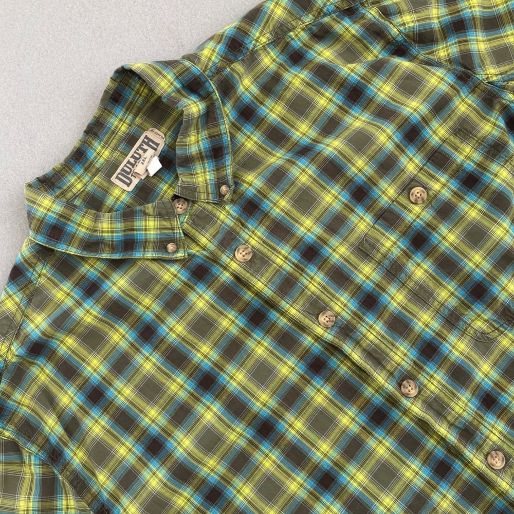 Duluth Trading Co Men 2XL Relaxed Fit Plaid Short Sleeve Button Down Shirt Green